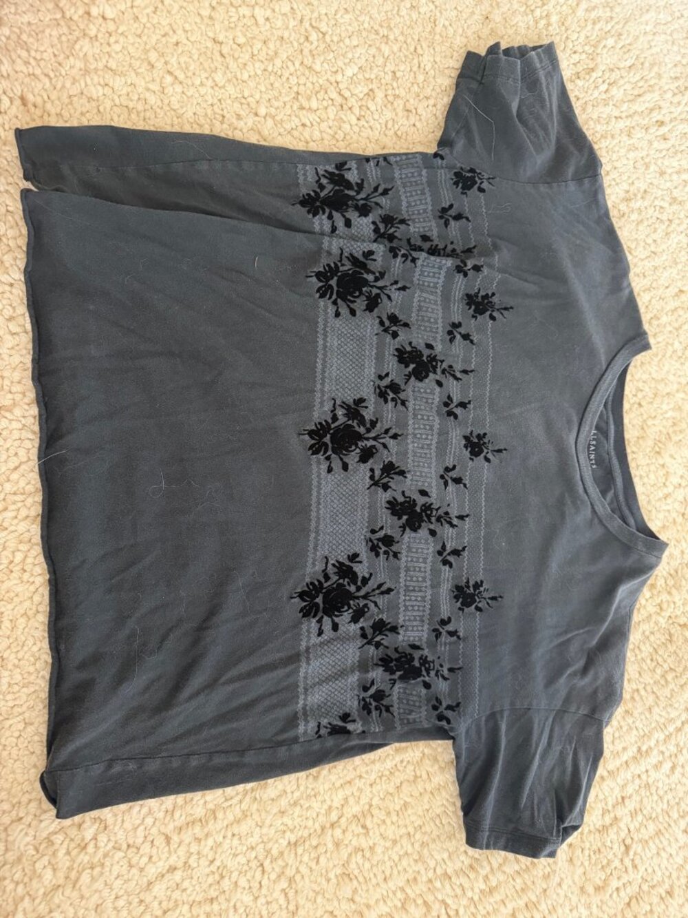 AllSaints Eternal Etta Oversized T-Shirt Black Flock Floral Stripe | Sz XS/S